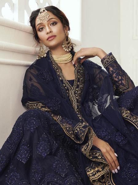 Myra Navy Blue Heavy Embroidered Net Bridal Lehenga | Grab2Buy