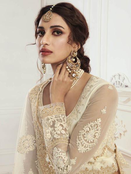 Myra Cream Heavy Embroidered Net Bridal Lehenga | Grab2Buy