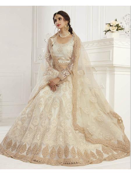 Myra Cream Heavy Embroidered Net Bridal Lehenga | Grab2Buy