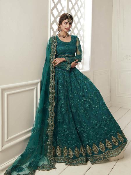 Myra Rama Green Heavy Embroidered Net Bridal Lehenga | Grab2Buy