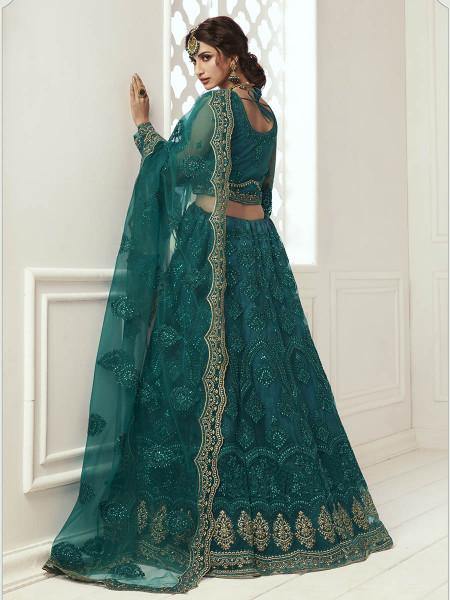 Myra Rama Green Heavy Embroidered Net Bridal Lehenga | Grab2Buy