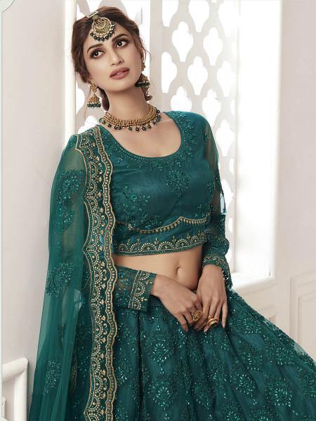 Myra Rama Green Heavy Embroidered Net Bridal Lehenga | Grab2Buy