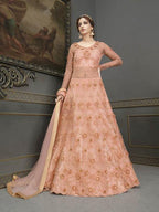 Myra Peach Soft Net Embroidered Handwork Gown Style Suit | Grab2Buy