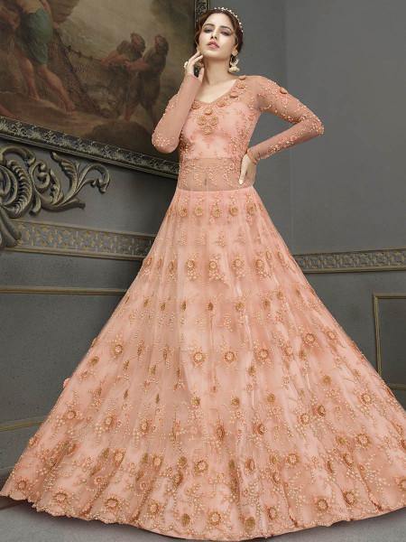 Myra Peach Soft Net Embroidered Handwork Gown Style Suit | Grab2Buy