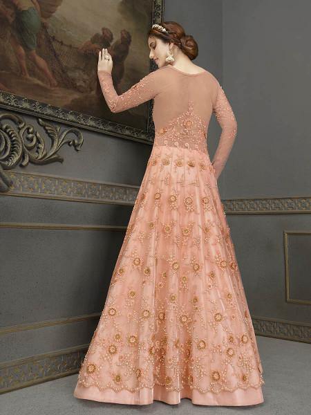 Myra Peach Soft Net Embroidered Handwork Gown Style Suit | Grab2Buy