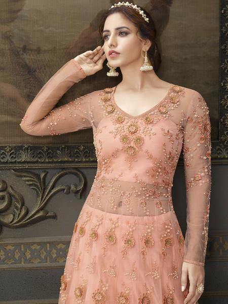 Myra Peach Soft Net Embroidered Handwork Gown Style Suit | Grab2Buy