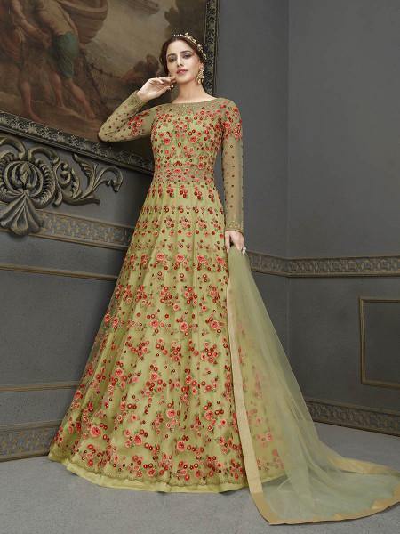 Myra Green Soft Net Embroidered Handwork Gown Style Suit | Grab2Buy