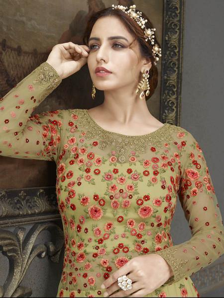 Myra Green Soft Net Embroidered Handwork Gown Style Suit | Grab2Buy