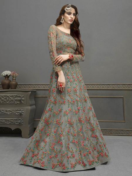 Myra Grey Soft Net Embroidered Handwork Gown Style Suit | Grab2Buy