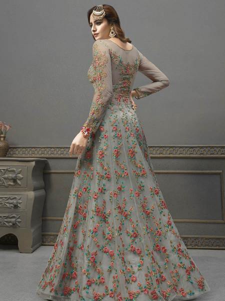 Myra Grey Soft Net Embroidered Handwork Gown Style Suit | Grab2Buy