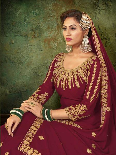 Myra Maroon Georgette Embroidered Gown | Grab2Buy