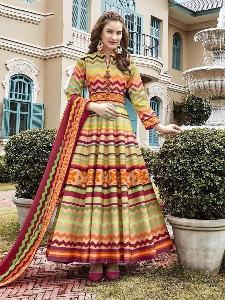 Myra Beautiful Multicolour Silk Digital Patola Gown | Grab2Buy