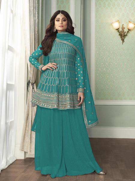 Myra Sea Blue Georgette Embroidered Palazzo Suit | Grab2Buy