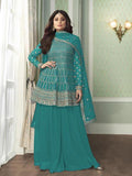 Myra Sea Blue Georgette Embroidered Palazzo Suit | Grab2Buy