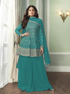 Myra Sea Blue Georgette Embroidered Palazzo Suit | Grab2Buy