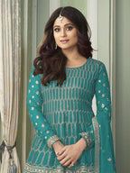 Myra Sea Blue Georgette Embroidered Palazzo Suit | Grab2Buy