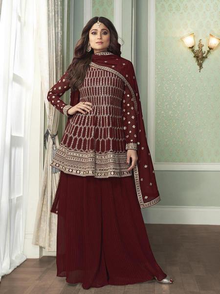 Myra Beautiful Maroon Georgette Embroidered Palazzo Suit | Grab2Buy