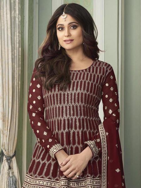 Myra Beautiful Maroon Georgette Embroidered Palazzo Suit | Grab2Buy