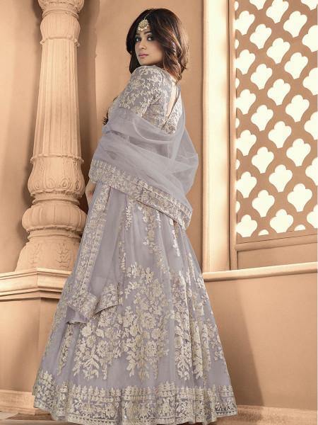 Myra Dusty Grey Butterfly Net Embroidered Anarkali Suit | Grab2Buy