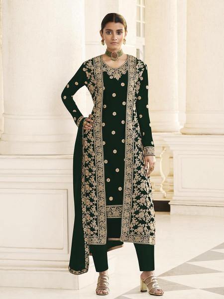 Myra Deep Green Jacket style Heavy Embroidered Suit | Grab2Buy
