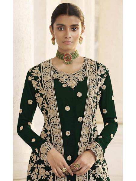 Myra Deep Green Jacket style Heavy Embroidered Suit | Grab2Buy