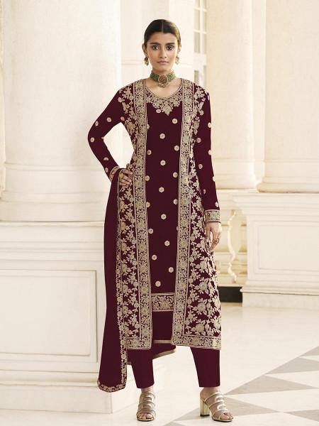 Myra Maroon Jacket style Heavy Embroidered Suit | Grab2Buy