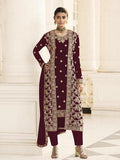 Myra Maroon Jacket style Heavy Embroidered Suit | Grab2Buy