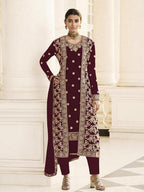 Myra Maroon Jacket style Heavy Embroidered Suit | Grab2Buy