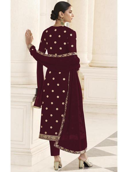 Myra Maroon Jacket style Heavy Embroidered Suit | Grab2Buy