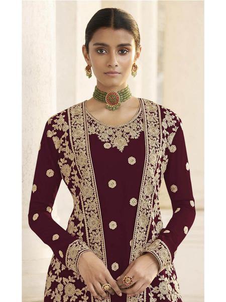 Myra Maroon Jacket style Heavy Embroidered Suit | Grab2Buy