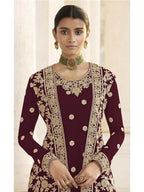 Myra Maroon Jacket style Heavy Embroidered Suit | Grab2Buy