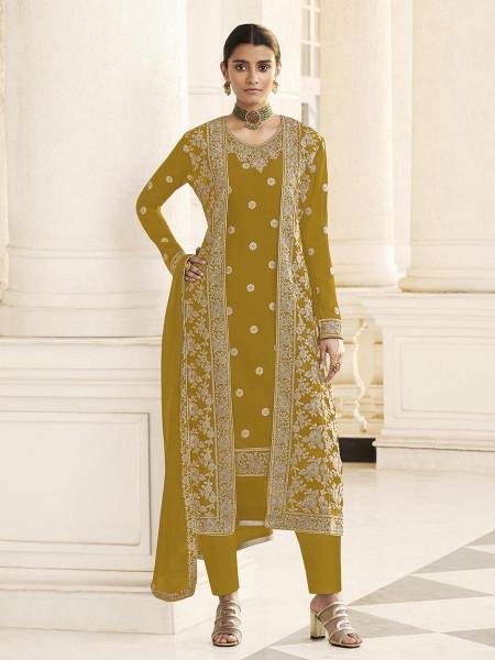 Myra Mustard Yellow Jacket style Heavy Embroidered Suit | Grab2Buy