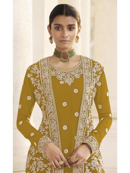 Myra Mustard Yellow Jacket style Heavy Embroidered Suit | Grab2Buy