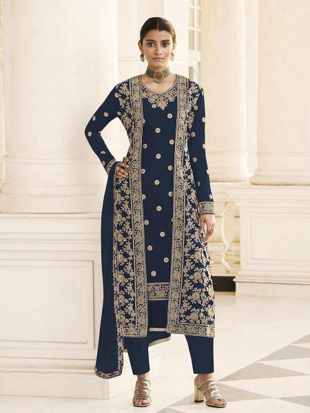 Myra Navy Blue Jacket style Heavy Embroidered Suit | Grab2Buy