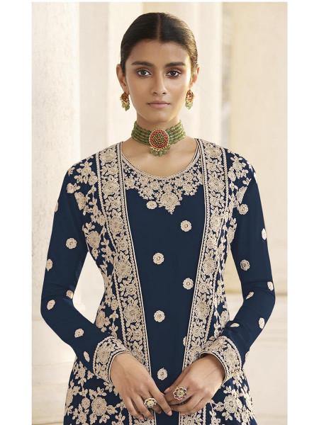 Myra Navy Blue Jacket style Heavy Embroidered Suit | Grab2Buy