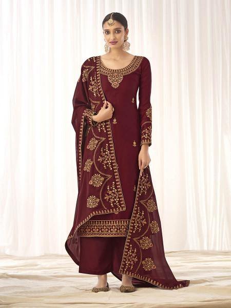 Myra Maroon Georgette Embroidered Palazzo Suit | Grab2Buy
