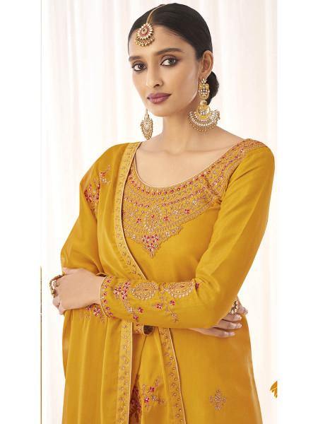 Myra Yellow Georgette Embroidered Palazzo Suit | Grab2Buy