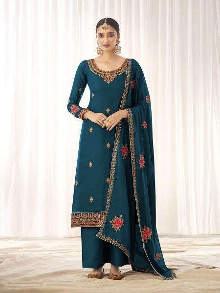 Myra Blue Georgette Embroidered Palazzo Suit | Grab2Buy