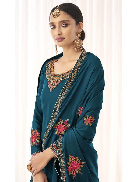 Myra Blue Georgette Embroidered Palazzo Suit | Grab2Buy