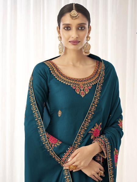Myra Blue Georgette Embroidered Palazzo Suit | Grab2Buy
