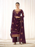 Myra Wine Georgette Embroidered Palazzo Suit | Grab2Buy