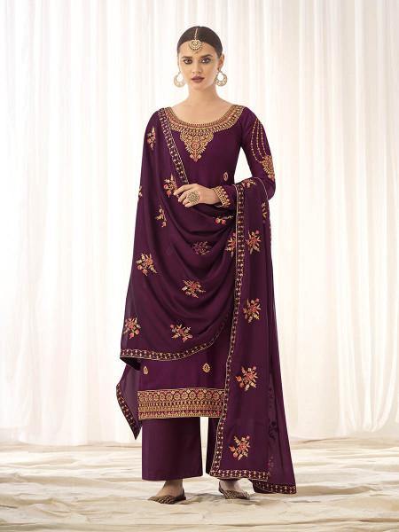 Myra Wine Georgette Embroidered Palazzo Suit | Grab2Buy