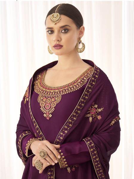 Myra Wine Georgette Embroidered Palazzo Suit | Grab2Buy