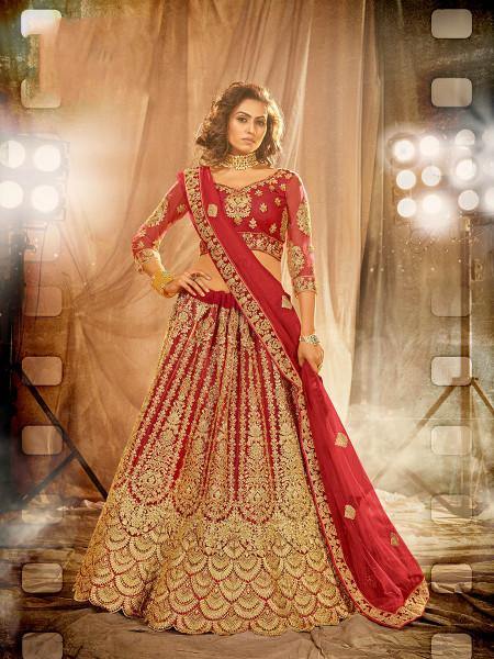 Myra Red Heavy Embroidered Net Lehenga | Grab2Buy