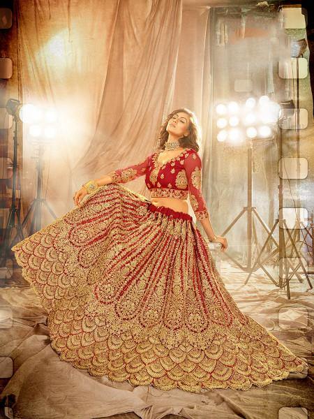 Myra Red Heavy Embroidered Net Lehenga | Grab2Buy