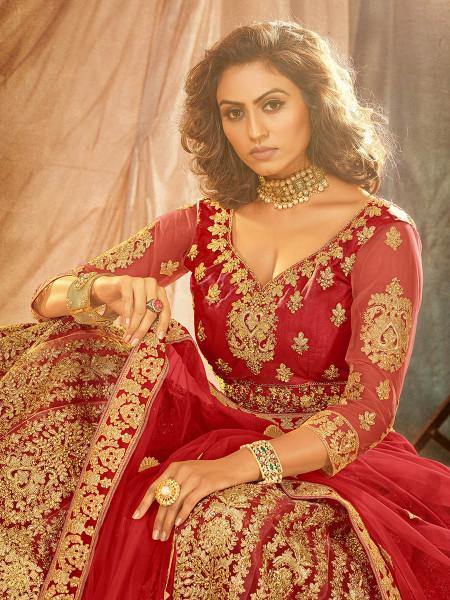 Myra Red Heavy Embroidered Net Lehenga | Grab2Buy