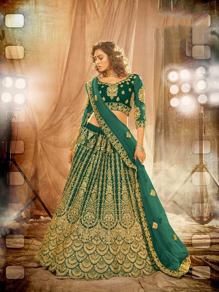 Myra Rama Green Heavy Embroidered Net Lehenga | Grab2Buy