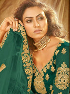 Myra Rama Green Heavy Embroidered Net Lehenga | Grab2Buy