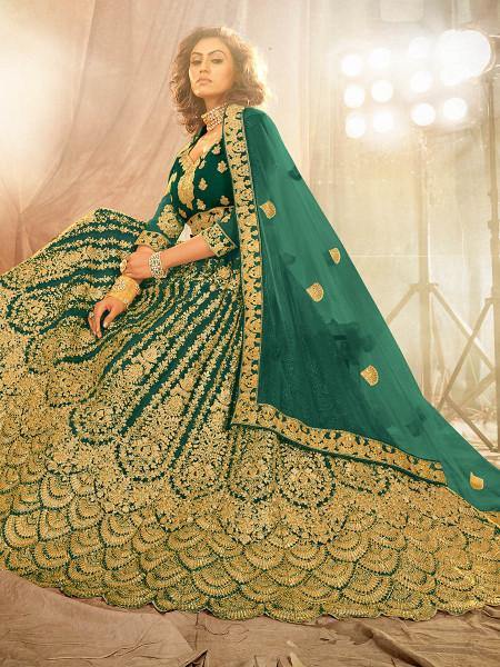 Myra Rama Green Heavy Embroidered Net Lehenga | Grab2Buy