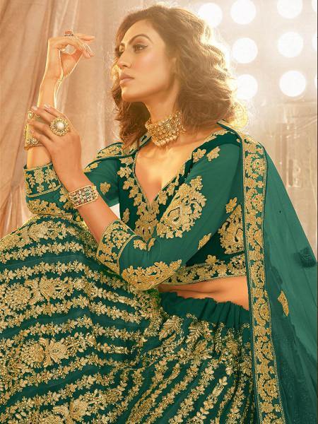 Myra Rama Green Heavy Embroidered Net Lehenga | Grab2Buy
